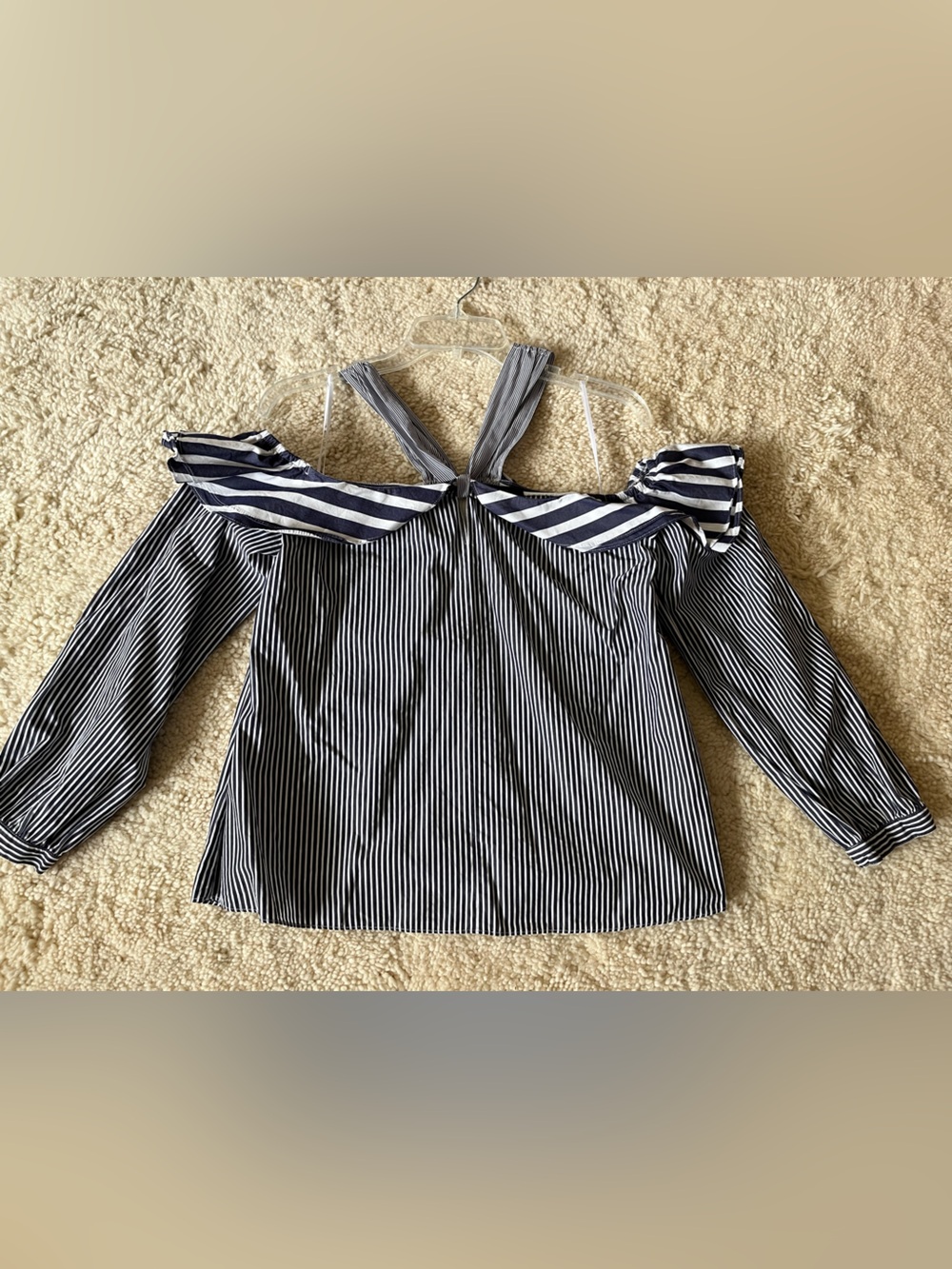 J. Crew Navy/White Nautical Stripes Off-Shoulder Halter Top Sz 10 Long Sleeves